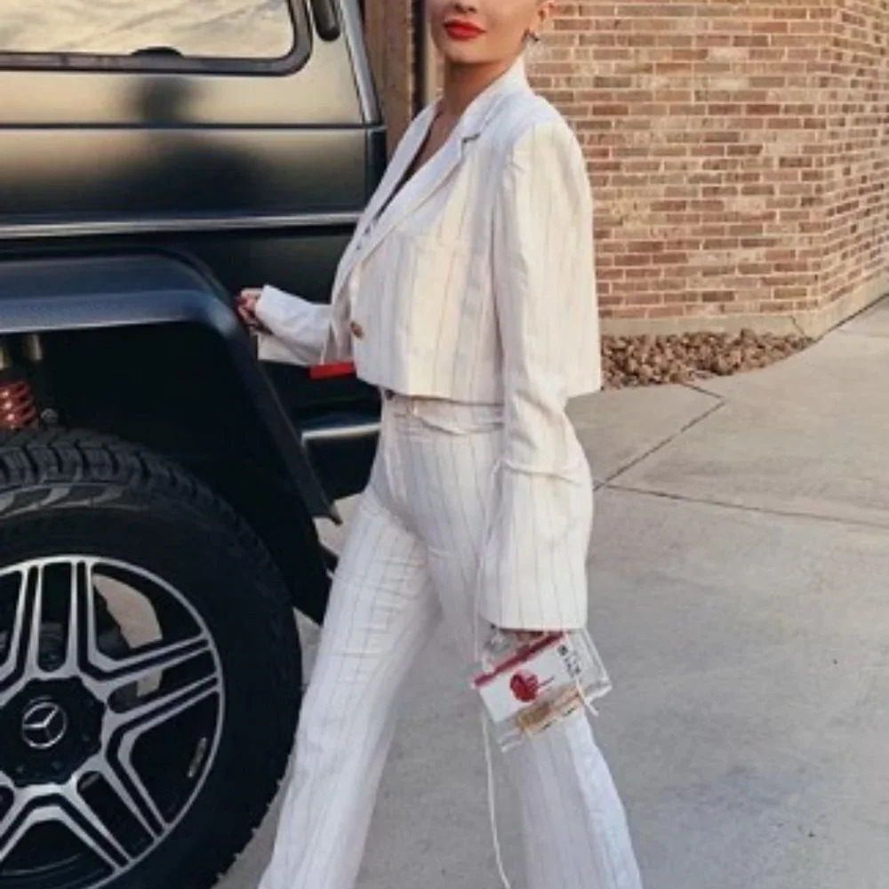 Orseund Iris Cream w Red Pinstripe Wide Leg Mid-Rise Crop Dress Pants Trousers 6